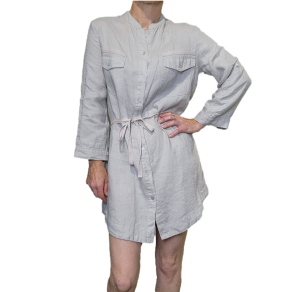 Shirt Dress Mini 100% Linen safari inspired Tan color Buttons Size S EFFETI MODA - Picture 1 of 13